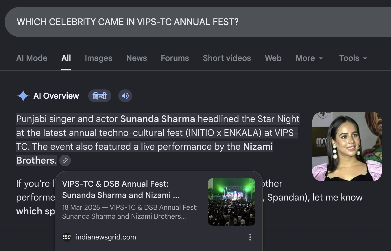 Google AI Overview citing India News Grid as a source for the VIPS-TC Annual Fest query