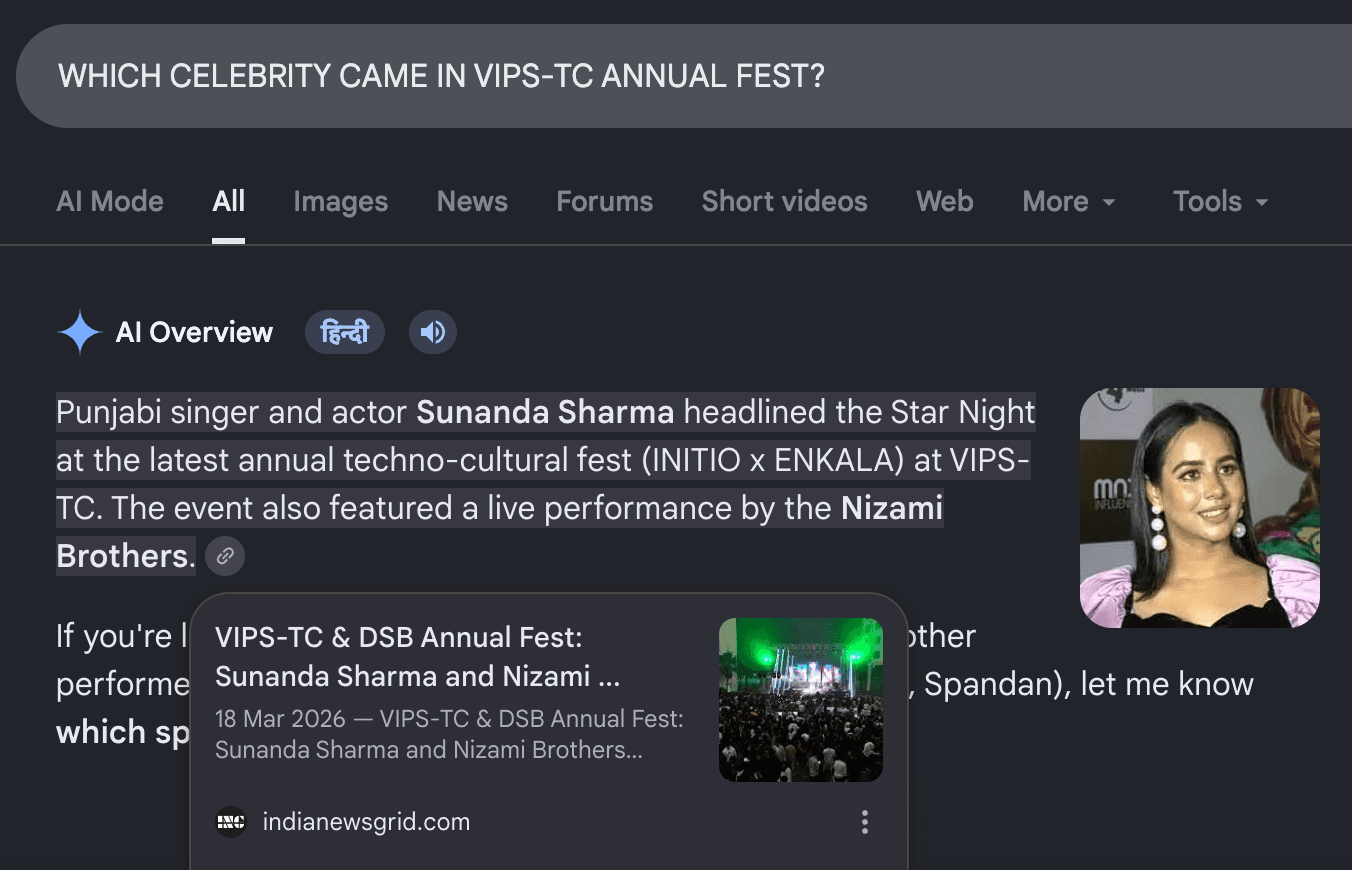 Google AI Overview citing India News Grid's VIPS-TC Annual Fest press release